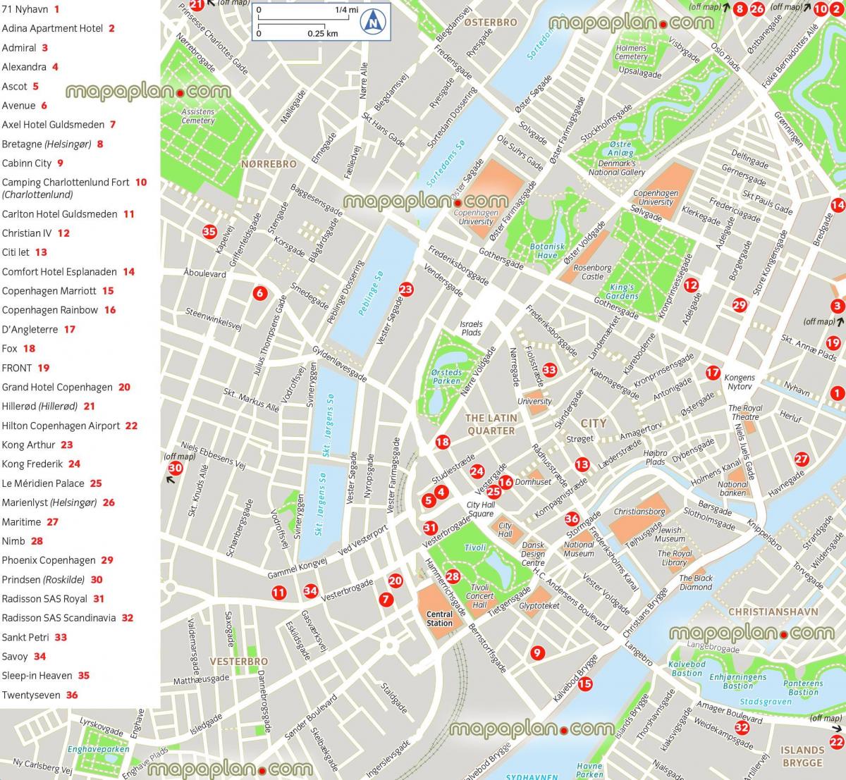 Mapa das atracções de Copenhaga